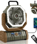 30000mAh Camping Fan With LED Lantern, Rechargeable Oscillating Tent Fan With Remote, portable and brown design