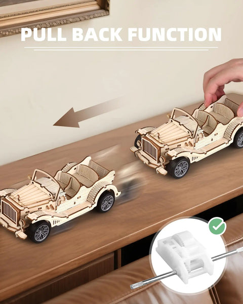 3D Wooden Puzzle Car Model Kit for Adults, Vintage Pull Back Car Build Set With 65 Parts, Easy 1 to 2 Hour Assembly, Classic Retro Auto Design for Hobbyists and Collectors, pull-back action