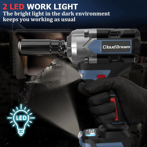 Husky 1/2 Inch Cordless Impact Wrench With Brushless Motor For 740 Ft-Lbs High Torque Power, featuring LED work light for visibility.
