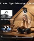 24000mAh Portable Camping Fan With LED Lantern, shown with hanging feature in a tent, ideal for camping and outdoor use.