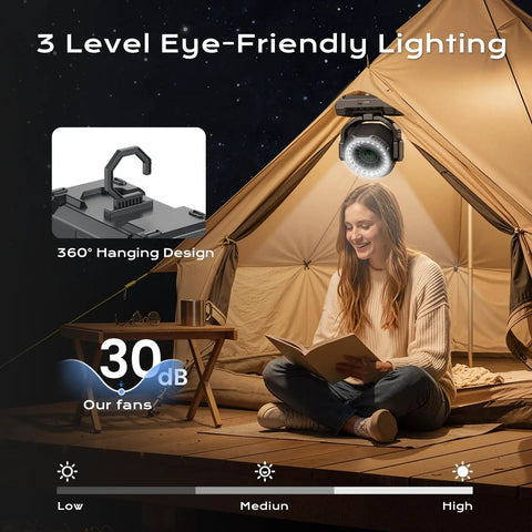 24000mAh Portable Camping Fan With LED Lantern, shown with hanging feature in a tent, ideal for camping and outdoor use.