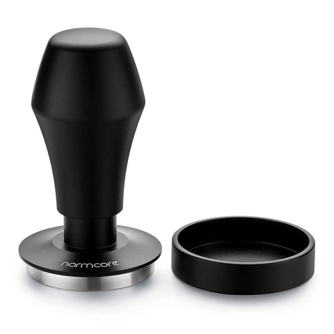 Spring Loaded Espresso Tamper 53.3mm With Ripple Base And Anodized Aluminum Handle, Includes springs and stand for consistent tamping.