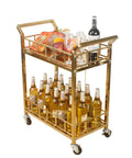 Rustic Industrial Bar Cart Rolling Serving Trolley With Three Tier Storage And Built In Wine Rack Smooth Glide Heavy Duty Wheels, featuring drinks and snacks.