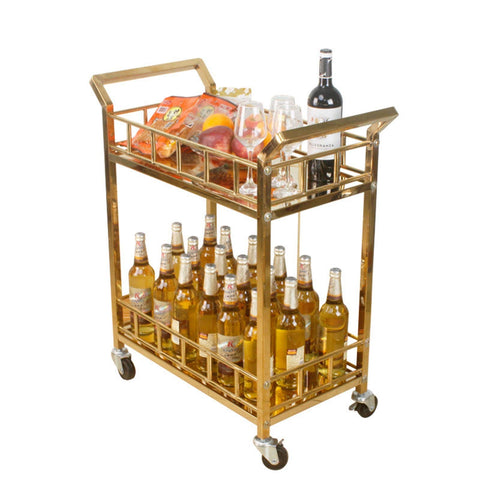 Rustic Industrial Bar Cart Rolling Serving Trolley With Three Tier Storage And Built In Wine Rack Smooth Glide Heavy Duty Wheels, featuring drinks and snacks.