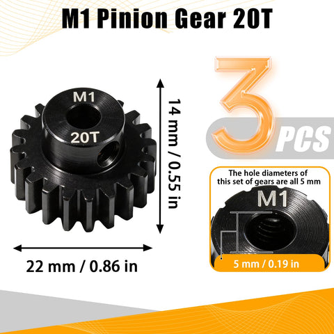 20T 5mm Bore Hardened Steel Motor Pinion Gear 3 Pack For 1/8 And 1/10 RC Crawlers Monster Trucks And Boats