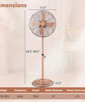 16 Inch Metal Pedestal Fan With Adjustable Height, 3 Speed Options, 75 Degree Oscillation And 20 Degree Tilt in copper finish