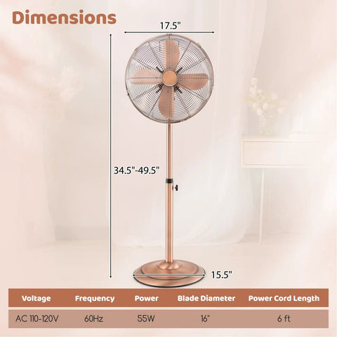 16 Inch Metal Pedestal Fan With Adjustable Height, 3 Speed Options, 75 Degree Oscillation And 20 Degree Tilt in copper finish