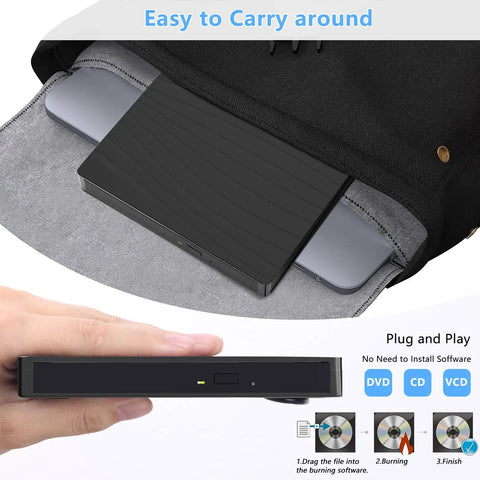 External USB-C Portable CD DVD Drive For Laptop And Desktop, slim black plastic drive shown in bag and hand