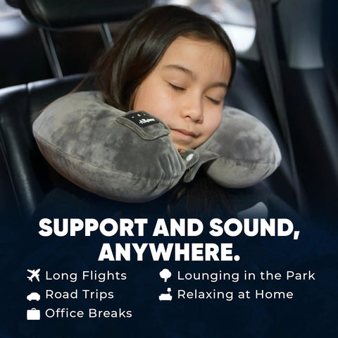 Person using Bluetooth U Shaped Neck Pillow With Built In Speaker And Memory Foam For Airplane Bus Train Car Office And Outdoor Camping Dark Gray The Must Have Travel Essential