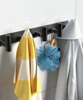 Black Wall Mount Coat Rack With 5 Hooks For Robes, Bags, Towels, Hats And Keys in use with clothes and accessories hanging