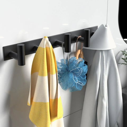 Black Wall Mount Coat Rack With 5 Hooks For Robes, Bags, Towels, Hats And Keys in use with clothes and accessories hanging