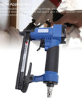 Pro Grade 20 Gauge Pneumatic Brad Nailer Featuring Zero Jam Nozzle And Hassle Free Air Stapler close-up view of trigger and nozzle.