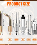 7 Piece Grease Gun Accessory Kit with 2 grease nozzles, 1 needle tip dispenser shown with dimensions and attachments