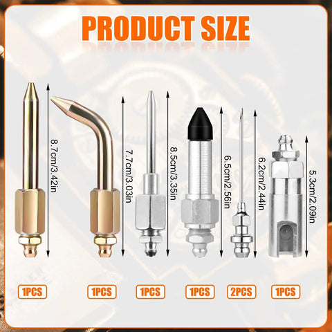 7 Piece Grease Gun Accessory Kit with 2 grease nozzles, 1 needle tip dispenser shown with dimensions and attachments