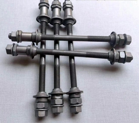 190mm Bike Rear Hub Axle For Multi Speed Bicycles Three Eighth Inch Diameter Twenty Six TPI Threads Universal Fit Go To Upgrade Kit With Lock Nut Washer For Wheels And Accessories arranged in a cross pattern
