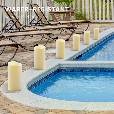 2 Pack Outdoor Flameless LED Pillar Candles With Remote And Timer by poolside, waterproof design for patio use, 3x5.5 inch