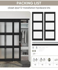 60 By 80 Inch Bypass Sliding Closet Door With Frosted Glass Three Lite Panels, black frame, hardware kit, installed view
