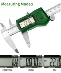 IP54 6 Inch Digital Caliper with Built Tough Stainless Steel showing LCD screen in inch, millimeter, and fraction modes