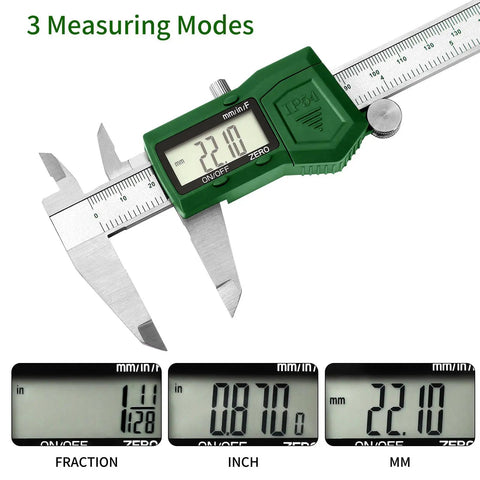 IP54 6 Inch Digital Caliper with Built Tough Stainless Steel showing LCD screen in inch, millimeter, and fraction modes
