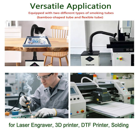 Laser Fume Extractor For Engraving And Cutting in workshop with 360m³/h airflow, showing versatility with various machines.