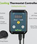 Digital Cooling Thermostat Controller with LED display and controls for attic and exhaust fans. Includes Fahrenheit and Celsius indicators.