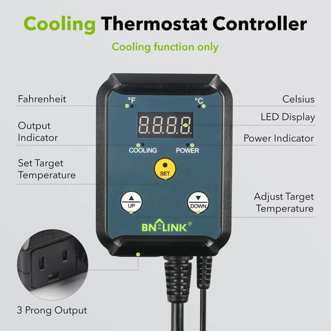 Digital Cooling Thermostat Controller with LED display and controls for attic and exhaust fans. Includes Fahrenheit and Celsius indicators.