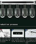 Production process of No Fuss Countertop Ice Maker drops nine chill cubes in seven flat minutes; shows stages of ice making and transfer.