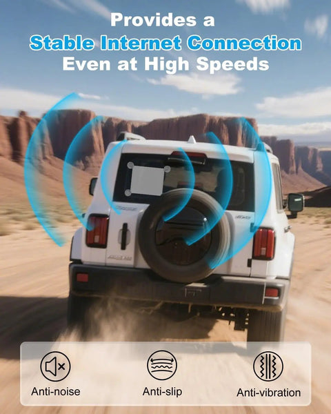 Hella Secure Starlink Mini Suction Cup Mount For Cars And Rvs With Heavy Duty Glass Suction Cups Non Slip Silicone Pads To Crush Bumpy Trails And Keep Your Setup Locked Down White mounted on a vehicle for stable internet.