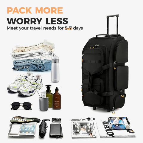 Searock 90L rolling duffle bag with wheels and telescoping handle, black, displayed with travel essentials
