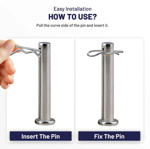 R Shaped Heavy Duty Cotter Pin Kit, 50 Pcs Zinc Plated Alloy Steel Pins demonstrating insertion and fixation on rods
