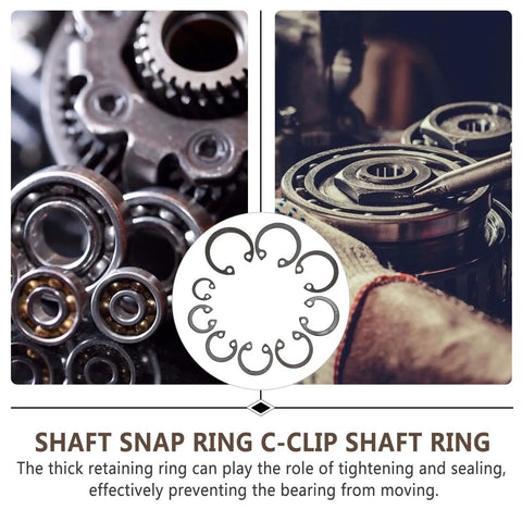 Image showing External Circlip Assortment Kit 100 Pcs Black Steel C Clips for automotive bearings and gears.