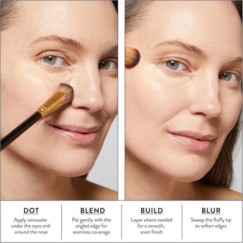 Model using Angled Precision Concealer Brush For Liquid And Cream Concealer Cruelty Free Makeup Tool Built For Undereye And Nose Contours