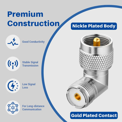 Right Angle UHF PL259 to Female Coax Adapters, 2 Pack, 90 Degree L Shape Connector with Nickel Plated Body and Gold Contact