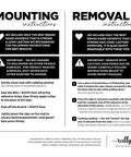 Mounting and removal instructions for adhesive bathroom signs by Reilly Originals, with details on adhesive use and care.