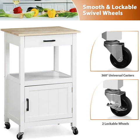 Smooth Rolling Kitchen Island Cart With Heavy Duty Casters And Solid Wood Top, lockable wheels, white mobile coffee bar.