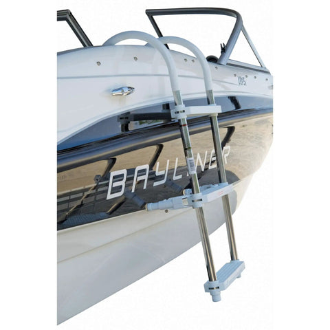 Heavy Duty Aluminum Boat 3 Step Ladder With Folding Gunwale Hook Design, 11 Inch Wide Hooks, Non Marking Support Legs, 250 Lb Capacity, Seamless Marine Boarding Solution on boat