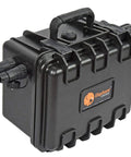 Tough As Nails IP68 Waterproof Battery Case For 12V 35Ah Batteries with dual connectors and handle, designed for kayaks.