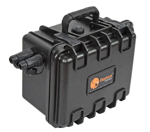 Tough As Nails IP68 Waterproof Battery Case For 12V 35Ah Batteries with dual connectors and handle, designed for kayaks.