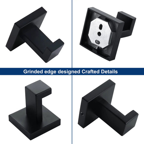Matte Black Towel Hooks For Bathroom And Kitchen Tough As Nails Heavy Duty Stainless Steel SUS304 Wall Mount Coat And Towel Hangers Square Modern Design 4 Pack Rust Resistant