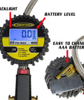 Heavy Duty Tire Inflator Gauge With Backlit Digital Readout 150 PSI Push To Lock Chuck Two Foot Hose Ventoso Body features.