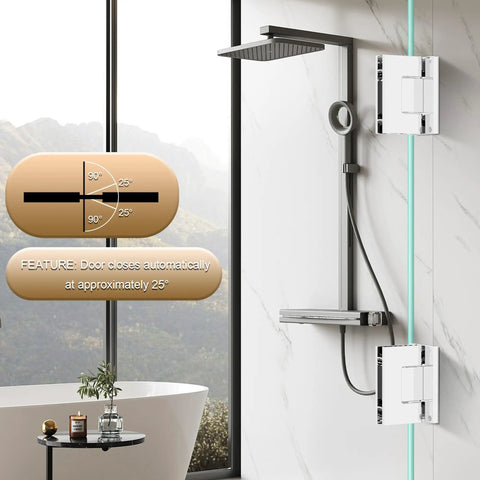 Durable Chrome Glass Shower Door Hinge For Frameless Bathroom Doors With 90 Degree Match Plus Heavy Duty Rubber Protectors Designed For Easy Peasy Mounting So You Enjoy Zero Drama Quick Setup Always, featuring automatic closing at 25 degrees.
