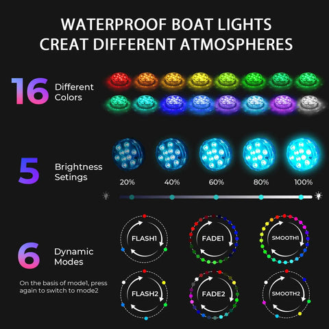 Rechargeable Boat Lights With USB Charging, 16 colors, 5 brightness settings, 6 modes for marine courtesy lighting
