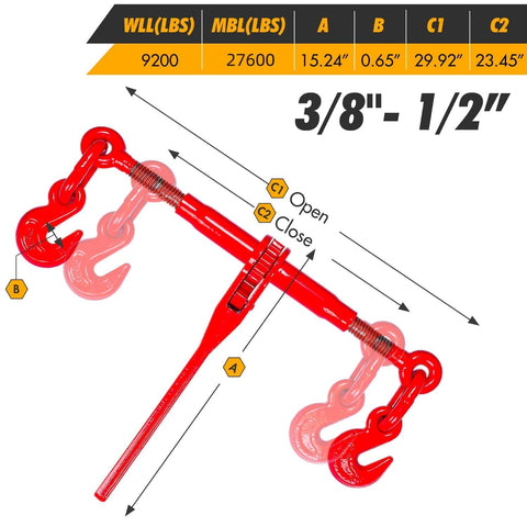 Ratcheting Chain Binder Three Eighths To One Half Inch Four Pack Load Binders With 9,200 Lbs Working Load Limit And 27,600 Lbs Break Strength