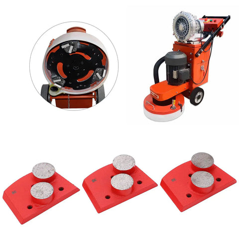 Diamond Grinding Pads Set 30 Grit Trapezoid Concrete Floor Grinder Discs With Two Cylindrical Teeth For Granite, Stone, Terrazzo Polishing And Smooth Finishes with red pads on a concrete grinder