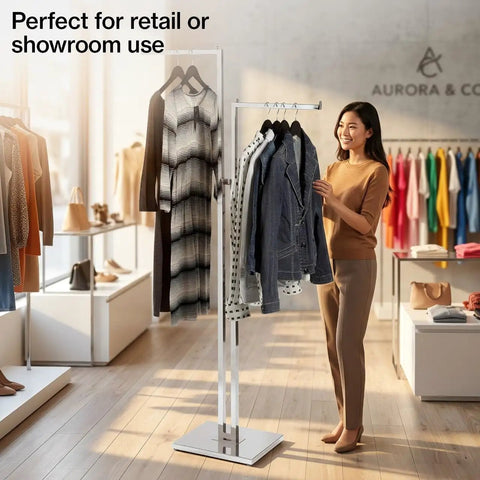 Hella Reliable Double Sided Chrome Garment Rack With Fully Adjustable Height And Straight Arms Space Savvy Clothing Stand For Retail Stores Boutiques And Thrift Shops