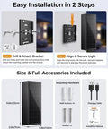 Rugged As Nails 2 Pack Solar Wall Lights Outdoor IP65 Waterproof installation guide showing steps and size details.