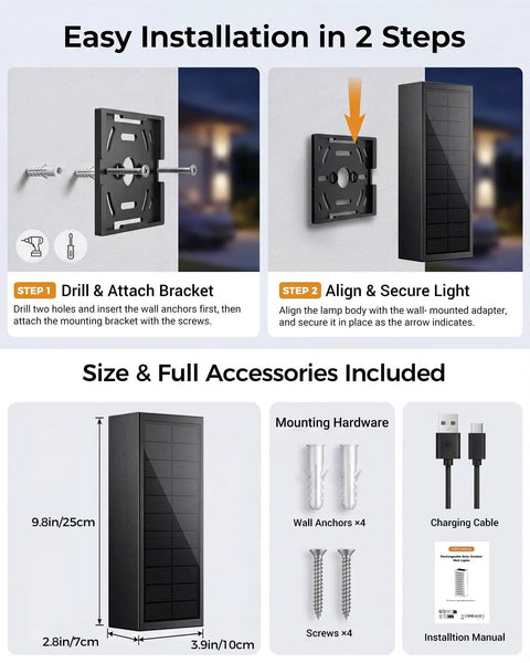 Rugged As Nails 2 Pack Solar Wall Lights Outdoor IP65 Waterproof installation guide showing steps and size details.