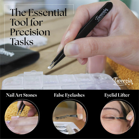 Person using Stainless Steel Precision Tweezer Set With Mirror Case Four Piece Kit Includes Classic, Slanted, And Pointed Tips