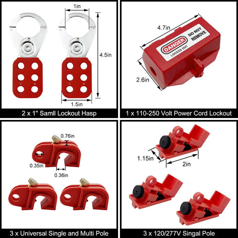 Lockout Tagout Kit For Electrical Panels And Circuit Breakers With Clamp On Lockout, Group Lockout Hasps, Tags, Universal Multi Pole Breaker.