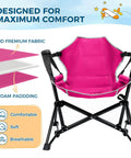 Kids Hammock Chair For Camping And Travel, pink fabric, steel frame, foam padding details, lightweight design, maximum comfort.
